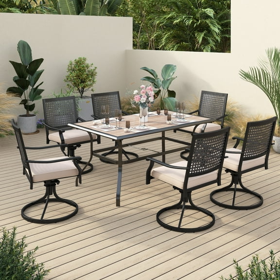 Sophia & William 7 Pcs Patio Dining Set 6 Outdoor Dining Swivel Chairs and 60"*38" Metal Teak Wood Table