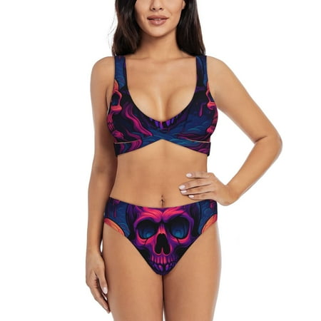 Zeuib Purple-Red Skull High Waisted Tummy Control Bikini Set - Knot Front Push Up Top & Cheeky Thong Bottom  Two-Piece Swimsuit for Women-Small