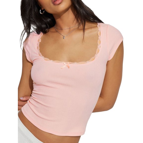 Michellecmm Women's Summer Slim Fit Tops Cap Sleeve U Neck Lace Trim Neckline Cropped T-shirt