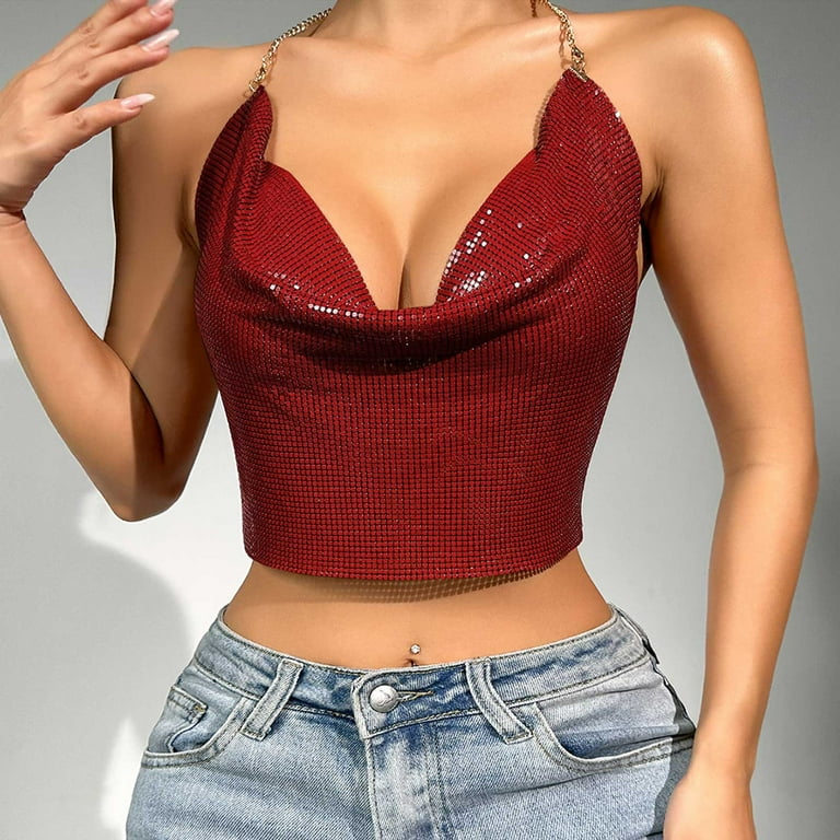 JGGSPWM Sparkly Sequin Tops for Women Backless Halter Glitter
