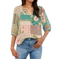 thumbnail image 6 of Women's Patchwork Floral Print 3/4 Sleeve Henley Top - V-Neck Button Tunic Blouse, Loose Fit Boho Casual Summer Shirt for Vacation, Beach, Daily Wear Army Green S, 6 of 6