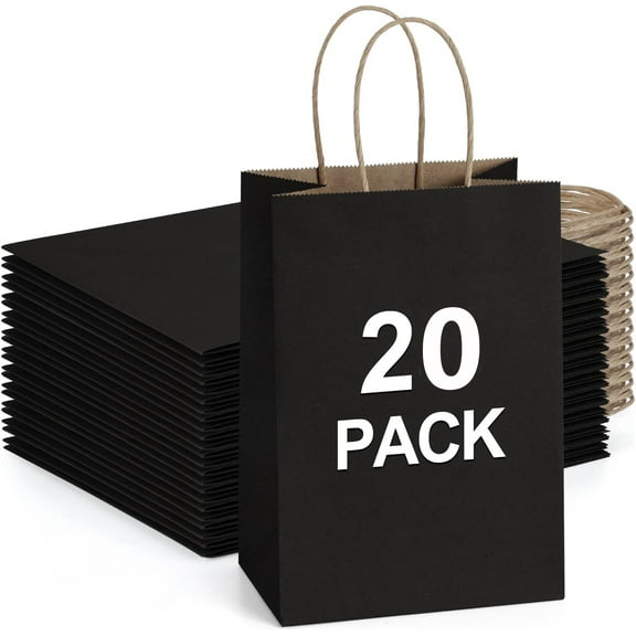 20 Pack 6.3x3.1x8.3 Inch Small Black Kraft Paper Bags with Handles Bulk, Gift Wrap Bags for Party Favor Birthday Shopping Goody Craft