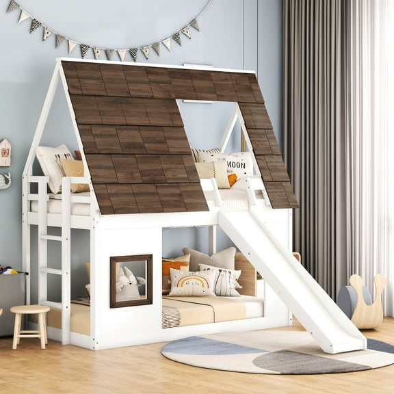 Twin Size House Bunk Bed With Slide - White Brown, Wood For Bedroom Use In And Brown With Roof