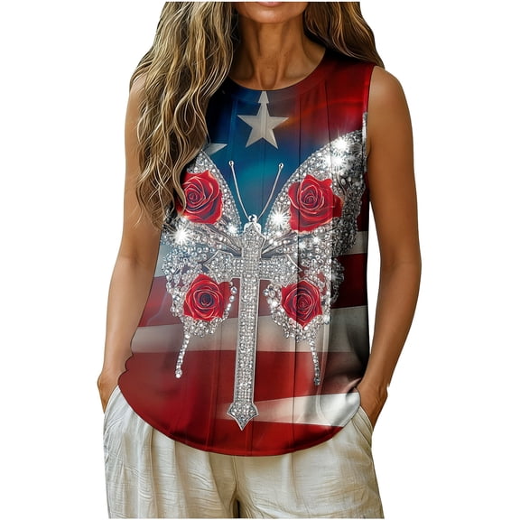 Jsaierl 4th of July Tank Tops for Women Casual Patriotic American Flag Print Tees Cute Sleeveless T Shirts Cami Classic Round Neck Tanks S-XXL
