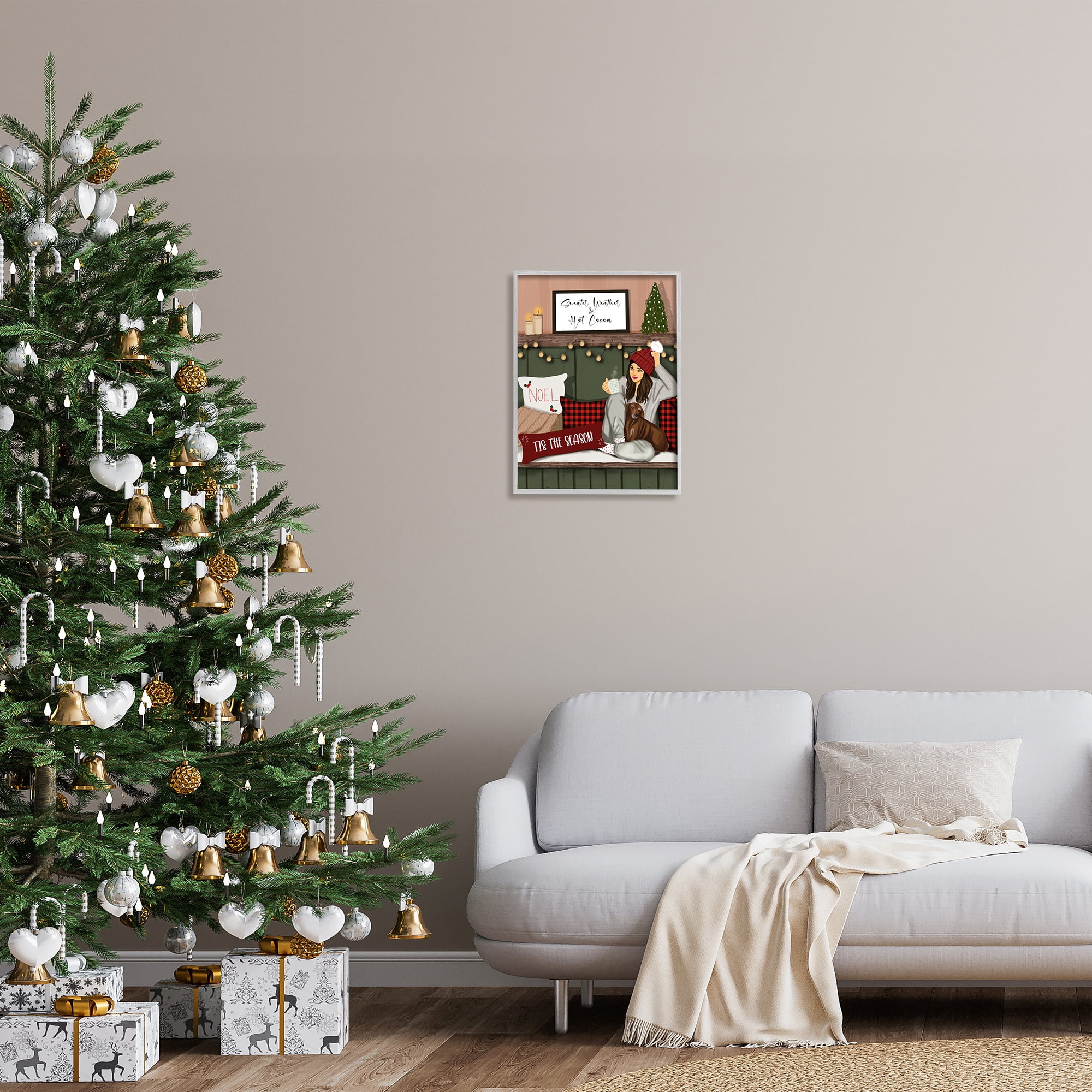 Stupell Industries Cozy Girl with Christmas Phrases Holiday Painting Gray Framed Art Print Wall Art, 16 x 20