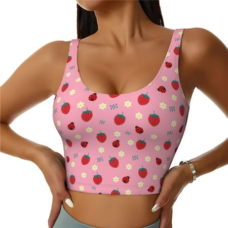 Jgfou Strawberry and Ladybugs Print Womens Sports Bra - Padded Workout Sports Bras Crop Tank Top