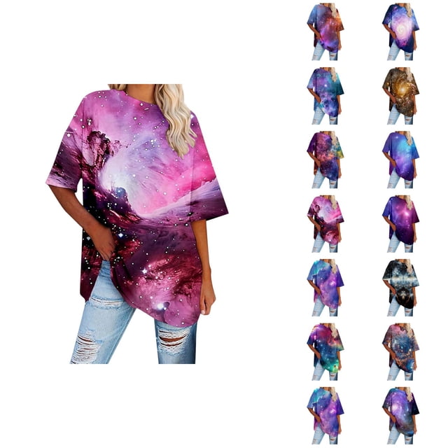 Galaxy T-Shirts pour Femmes 2026 Mode Été Manches Courtes Col Rond Étoile Ciel Espace T-Shirts Graphiques