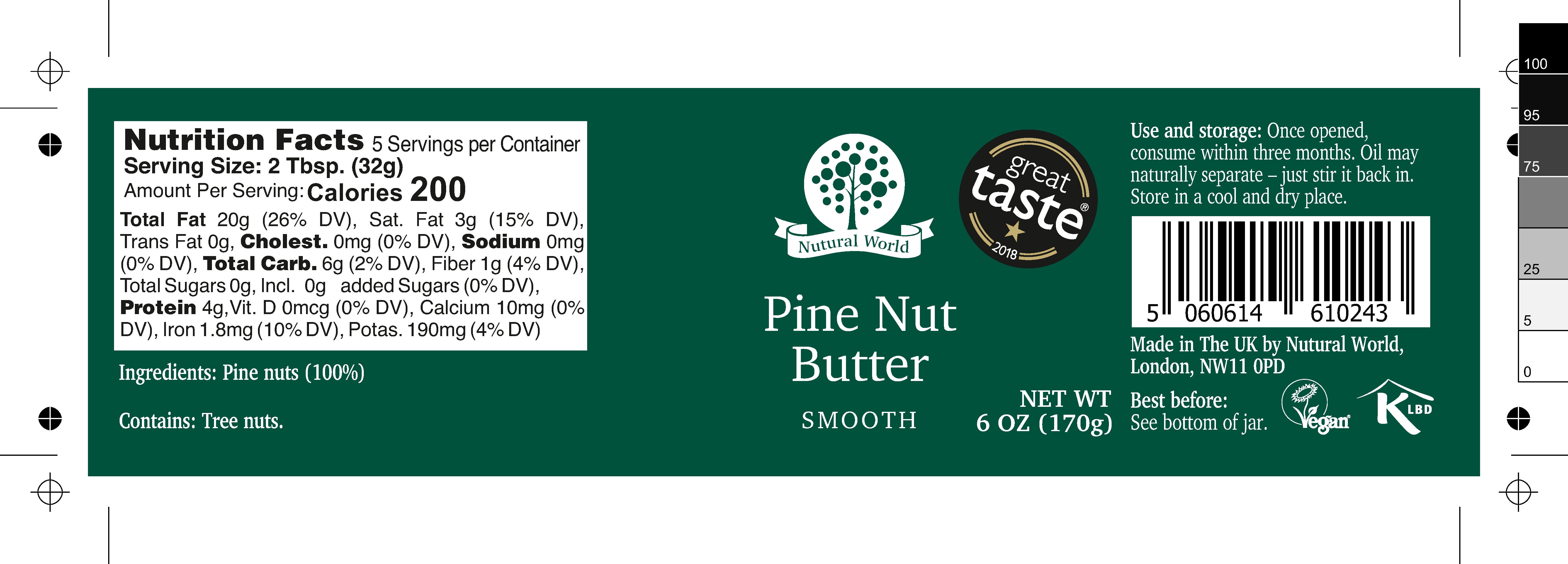 Nutural World - Smooth Pine Nut Butter 6 0z (170g) - Great Taste Award Winner - Pure 100% Single Ingredient - Vegan, Kosher, Sugar-Free