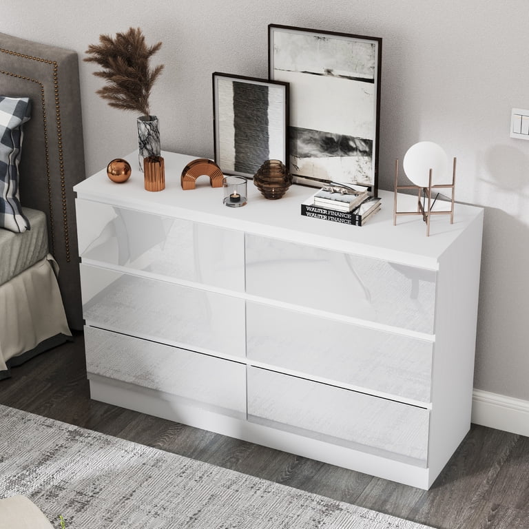 modern white gloss dresser 63" Modern White/Black 8 Drawer Double Dresser with High Gloss Drawers, Dual Chest Light, White