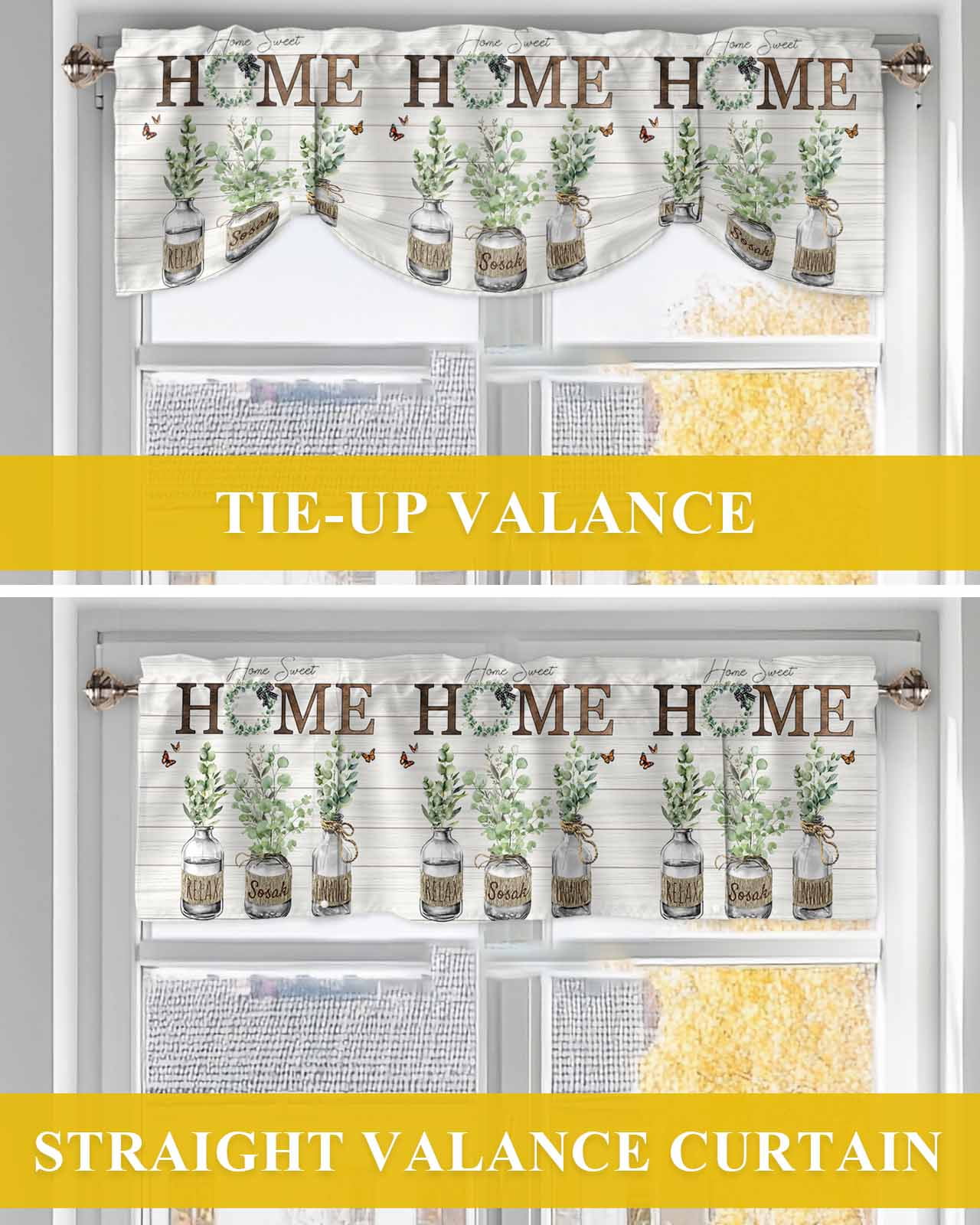 Farmhouse Tie Up Valances Curtain, Adjustable Kitchen Home Sweet Home Green Eucalyptus Wood Grain Valances for Windows Decor, Rod Pocket Short Curtains Set for Bedroom/Bathroom, 60"x18"