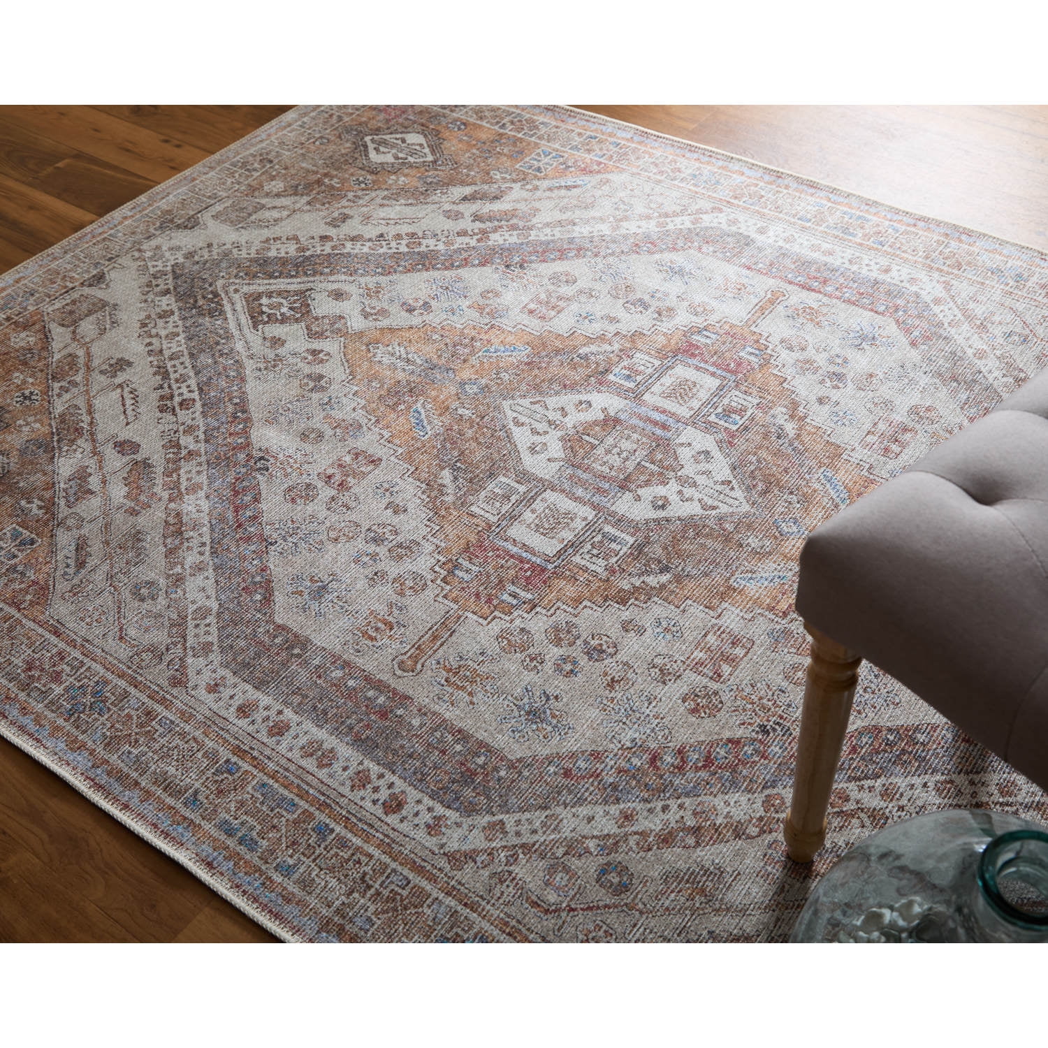 Feizy Percy Transitional Medallion, Ivory/Orange/Brown, 4' x 6' Accent Rug Easy Care Fade Resistant Sheen Bohemian & Eclectic Distressed Floor Rug for Living room Bedroom
