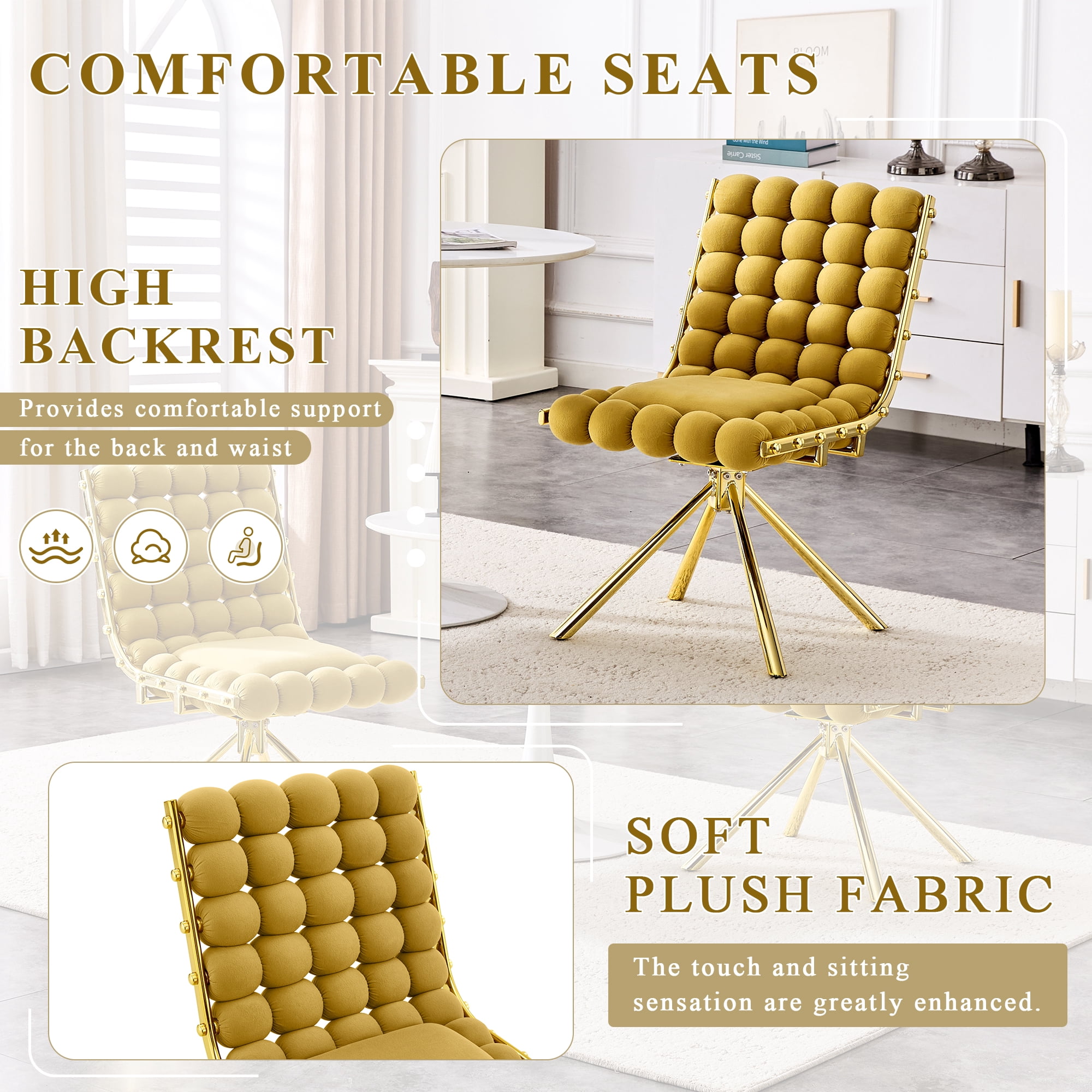 Aukfa Velvet Swivel Dining Chairs Set of 2, Modern Bubble Tufted Kitchen Side Chairs, Gold Metal Legs,Yellow