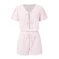 thumbnail image 5 of Hauaitttt Women Peplum Shirt Shorts Set Two Piece Set Pajamas Sets Puff Sleeve Tie Front Top 2pcs Outfits Set Shorts Two Piece Outfits Two Piece Summer Clothes for Women Bathing Suits Tops for Women, 5 of 8