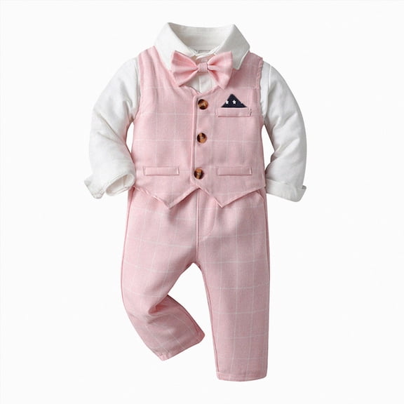 Xudanell Baby Boy Suit Toddler Formal Outfit Kids 3 Piece Vest Gentleman Clothes Long Sleeve Shirt and Pants Set (Pink, 12-18 Months)