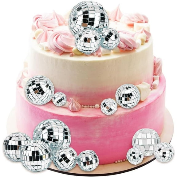 16Pcs Disco Silver Cake Toppers Ball Cake Decorations Small Plastic 5 Sizes 70s 80s Glass Mirror Round Dance Party Themed Balls for Cake Dessert Christmas Tree Ornament Party Favor Decoration