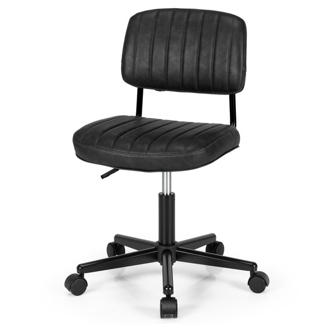 Patiojoy Leisure Office Chair Mid-back Swivel Task Chair PU Leather Adjustable Armless Chair Retro Design Black