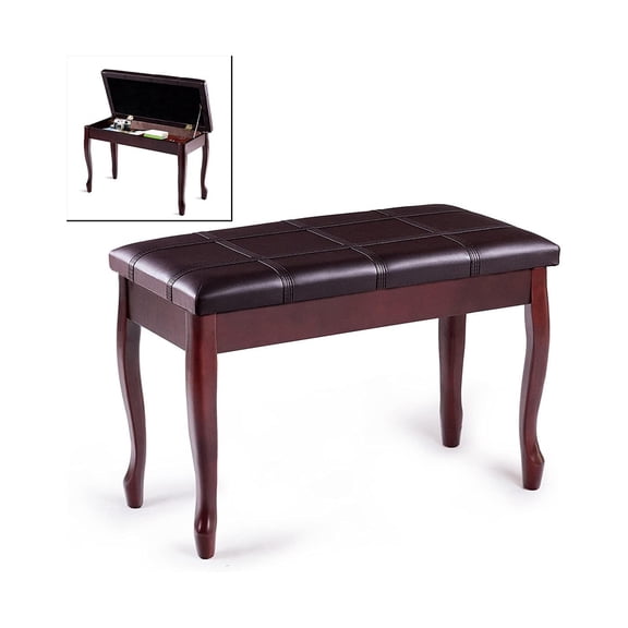 Piano Bench with Storage, Solid Wood Legs and PU Leather Padded Seat, Comfortable Double Duet Stool for Musicians, Brown