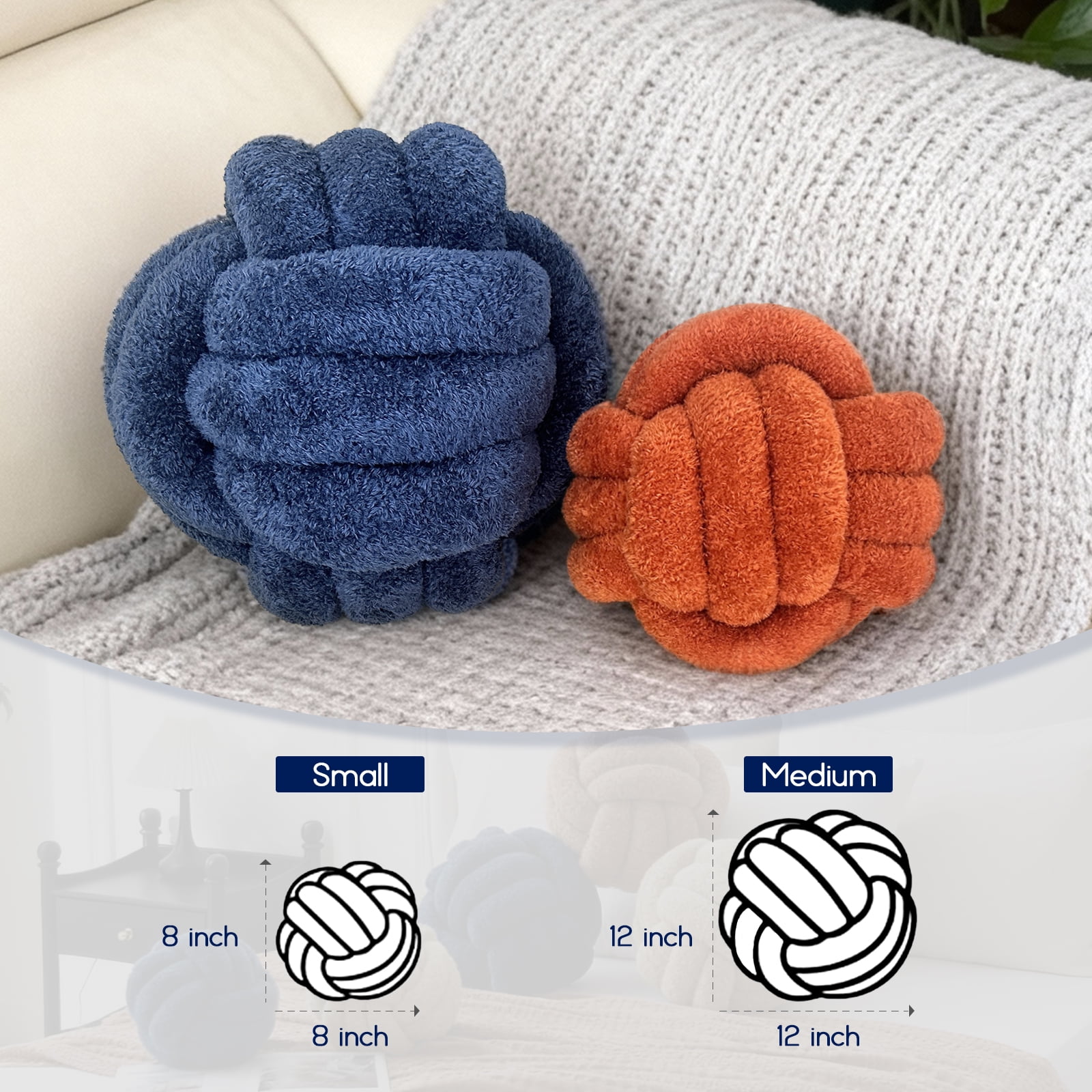 Knot Pillow Ball Plush - Decorative Throw Pillows for Bed Stress Relief, Round Knot Cushion for Sofa Decor Pet Toy, Navy 12 Inch
