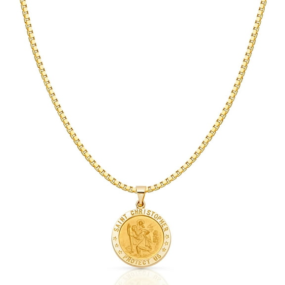 14K Yellow Solid Gold Religious St. Christopher Charm Pendant with 1.2mm Box Chain Necklace