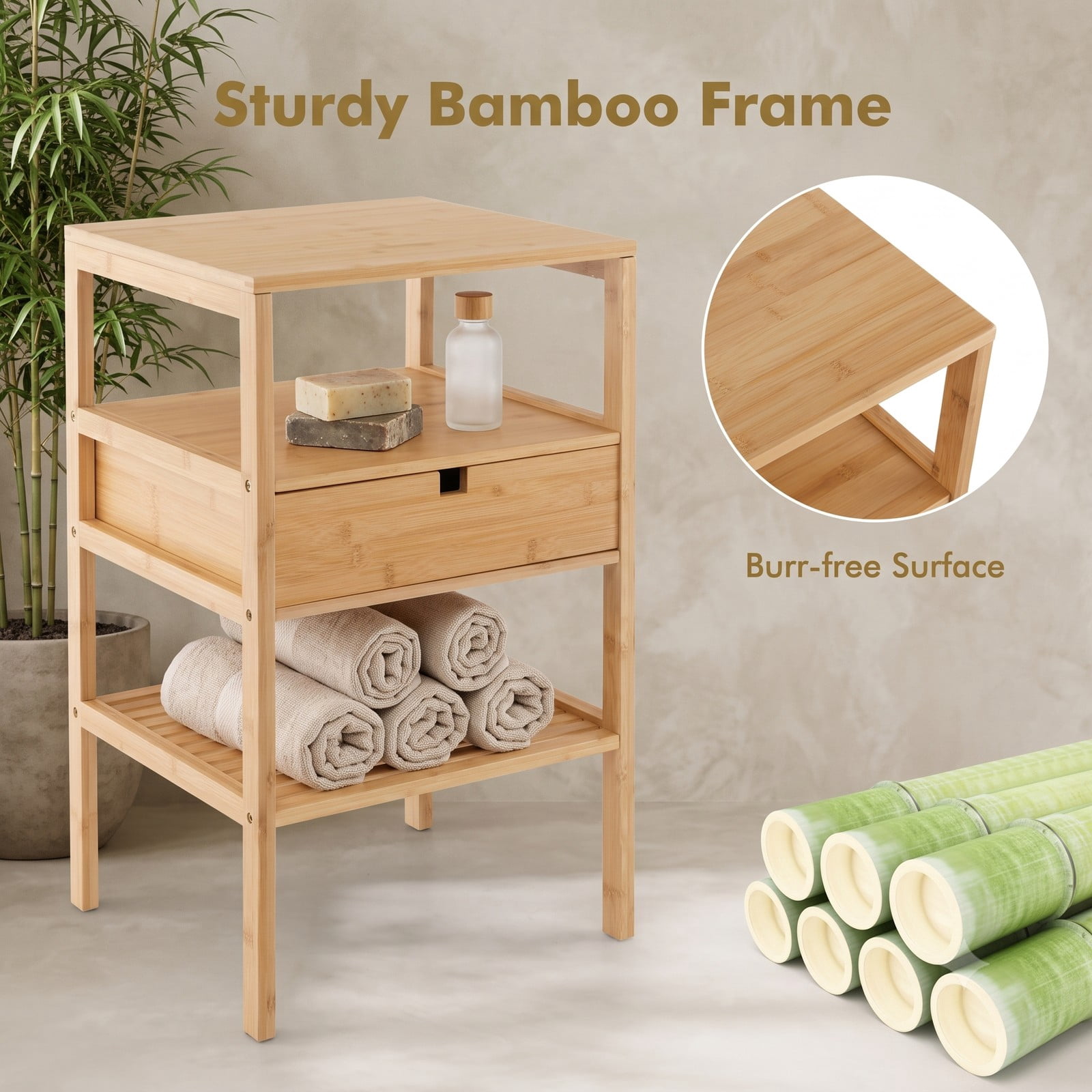 Furnibear Bamboo Nightstand Set of 2 with Storage Drawer and Slatted Open Shelf for Bedroom and Living Room, Wood Bedside Table, Natural