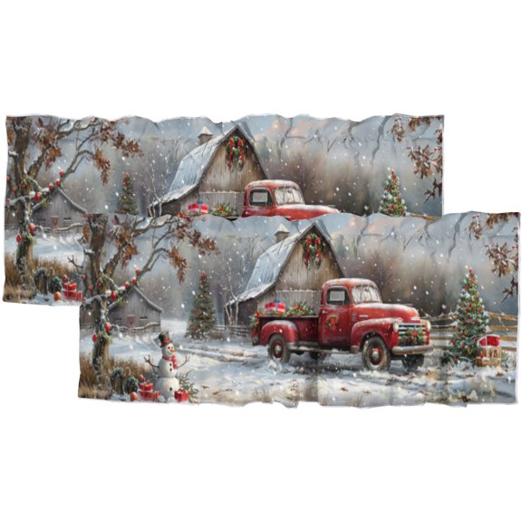 Christmas Window Curtain Valance Christmas Truck Xmas Rustic Wooden Barn Winter Window Valance for Living Room Bedroom, Kitchen Valance Rod Pocket Window Curtain 54 by 18 in, 2 Panel