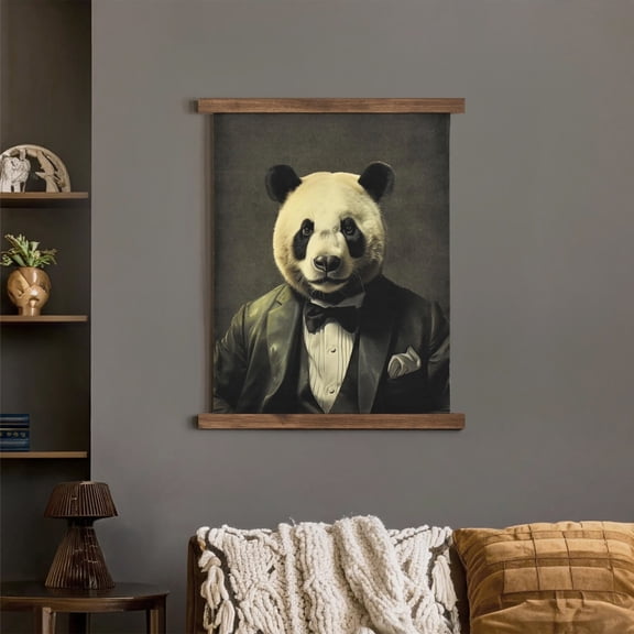 American Art Decor Hanging Linen Dapper Suit Panda Tapestry Wall Art Vintage Animal Wall Hanging for Ballroom, Bar, Poker Room, or Mancave Funny Dapper Animal Decor