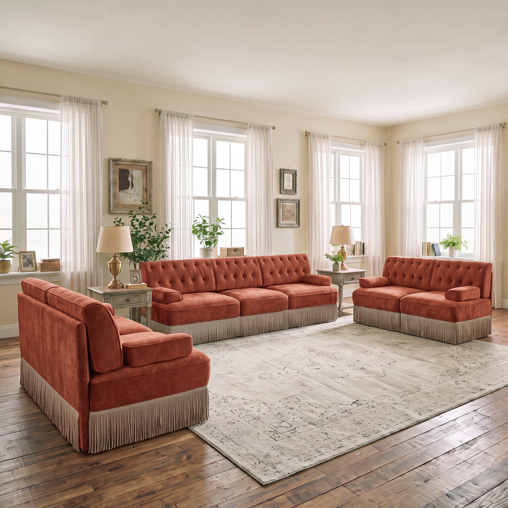 3‑Piece Sectional Sofa Set, 2 Pcs Loveseat & 1 Pcs 106" 3‑Seater Sofa Couch Set with Tassel Skirt