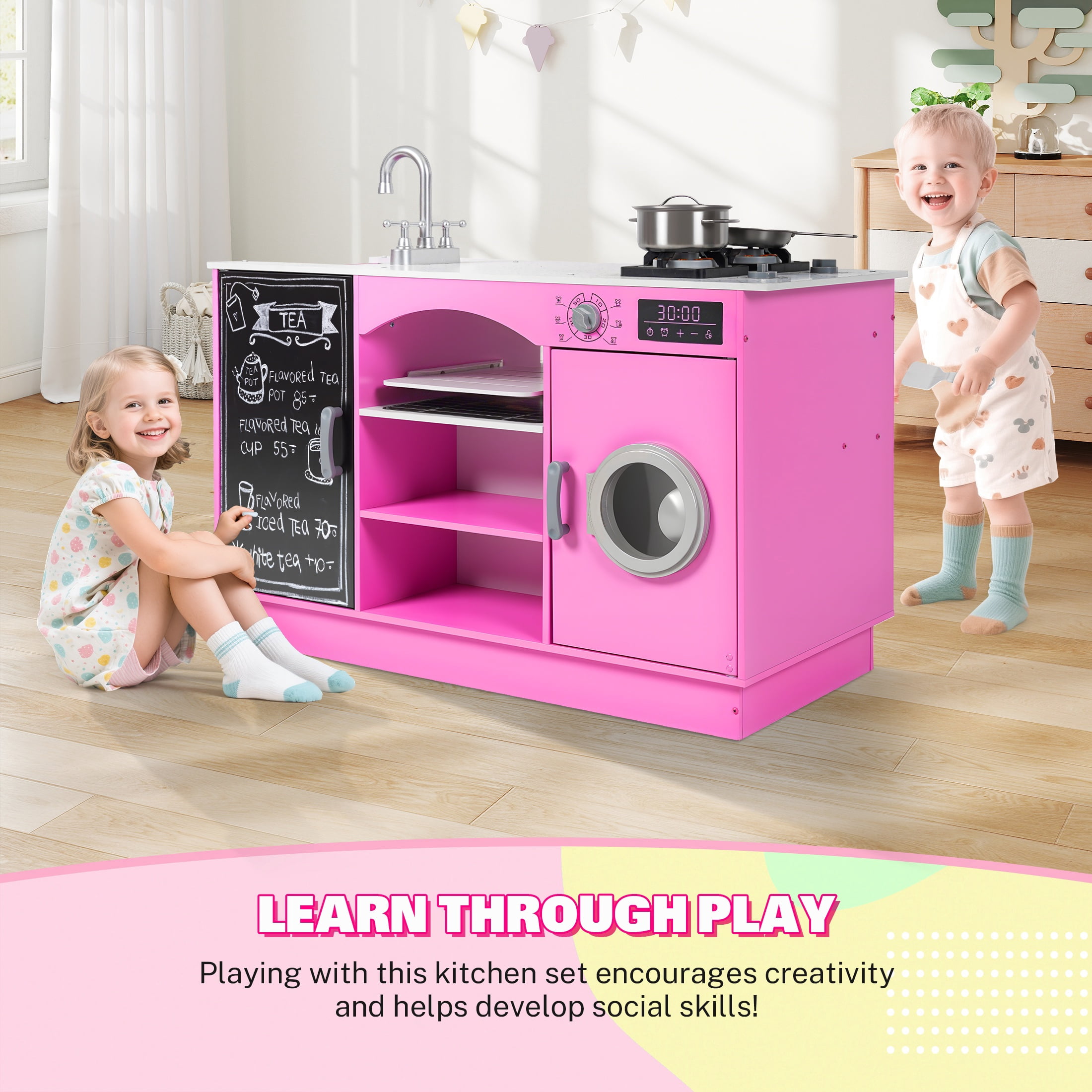 iYofe Play Kitchen Sets for Kids Ages 2+, Wood Kids Kitchen Playset for Toddlers with Real Lights & Sounds, Pretend Play Toys Kitchen with Cookware Accessories, Pink
