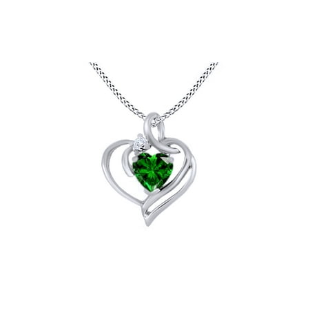 Emerald Cut Jewelry (Heart Shape Emerald & Round Cut Natural White Diamond Necklace Pendant in 14k White Gold Over Sterling Silver (0.78)