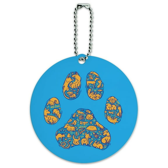 Pets Paw Print with Dog Cat Animal Details Round Luggage ID Tag Card Suitcase Carry-On