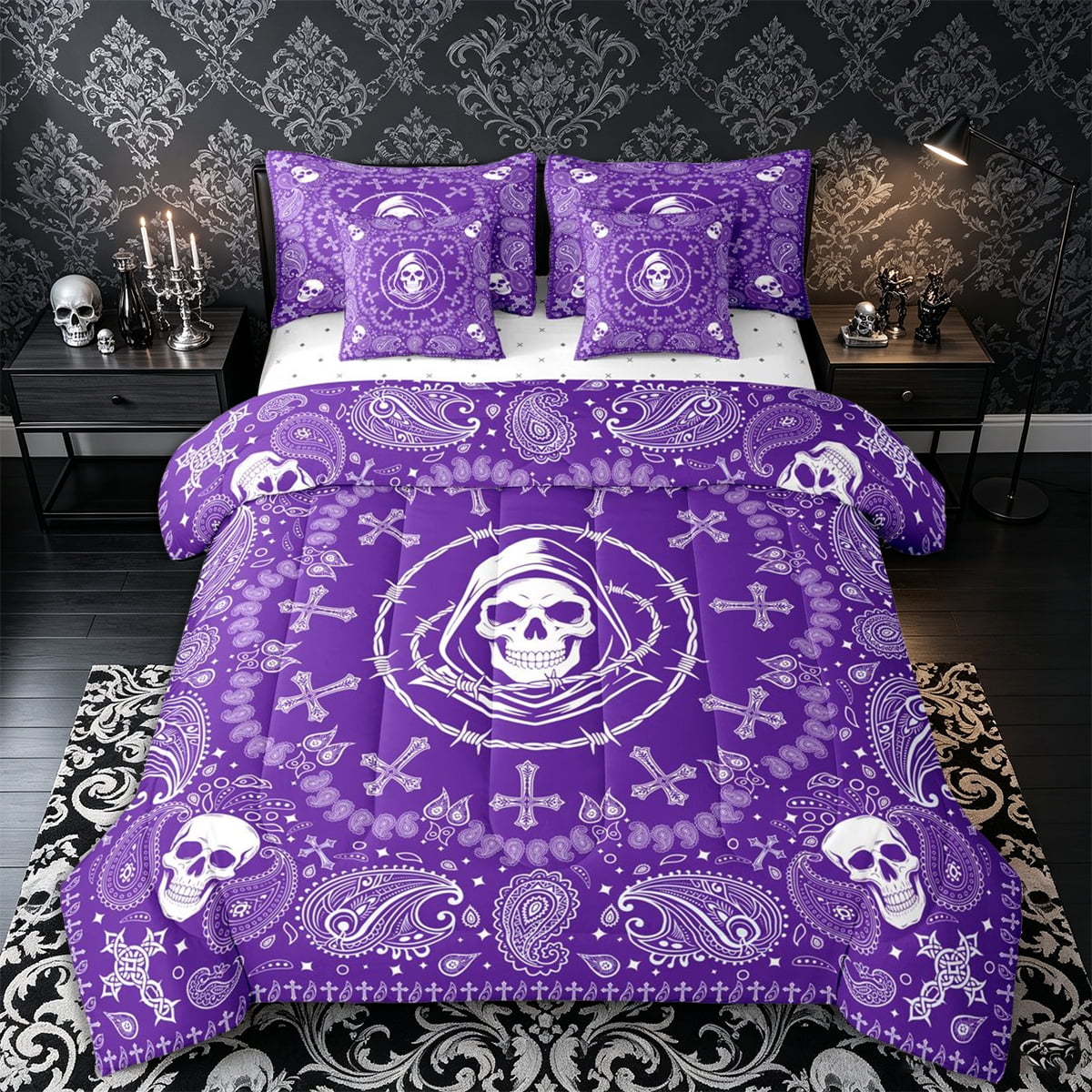 Castle Fairy Gothic Skull Full Size Bedding Sets 7 Pieces Boho Paisley Cross Square Design Full Size Bed in a Bag Purple White Reversible