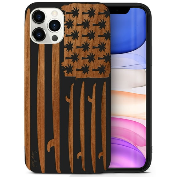 Case Yard Wooden Case for iPhone-12-Pro-Max Soft TPU Silicone cover Slim Fit Shockproof Wood Protective Phone Cover for Girls Boys Men and Women Supports Wireless Charging Surfing Flag Design