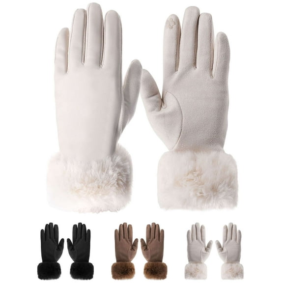 Deago 2 Pairs Womens Winter Leather Suede Gloves with Fur Cuffs Thermal Touchscreen Texting Warm Driving Gloves (White)