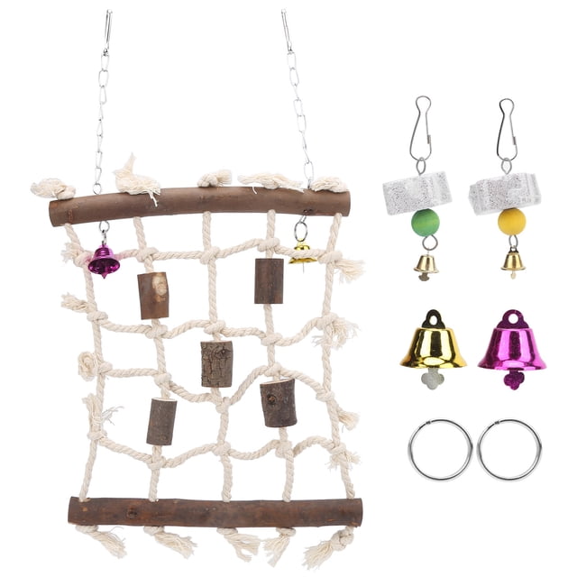 3 piezas de juguete para periquitos, bloque de madera, cuerda de algodón, red de escalada con cuerdas de piedra molar, juguete de columpio para pájaros