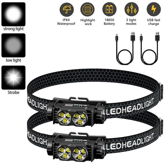 Homeminion 4500 Lumen Headlamps for Camping,2000mAh Headlight for Head,Rechargeable Headlamp - Waterproof Headlamp for Hiking & Outdoor Camping Gear（Black,2Pack ）