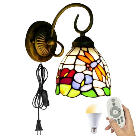 

Kiven Plug in Wall Lamp Tiffany Style Dimmable Wall Sconce with Remote Control and Glass Shade Color Changing 5.9ft Plug-in Cord E26 Socket(1 Light)