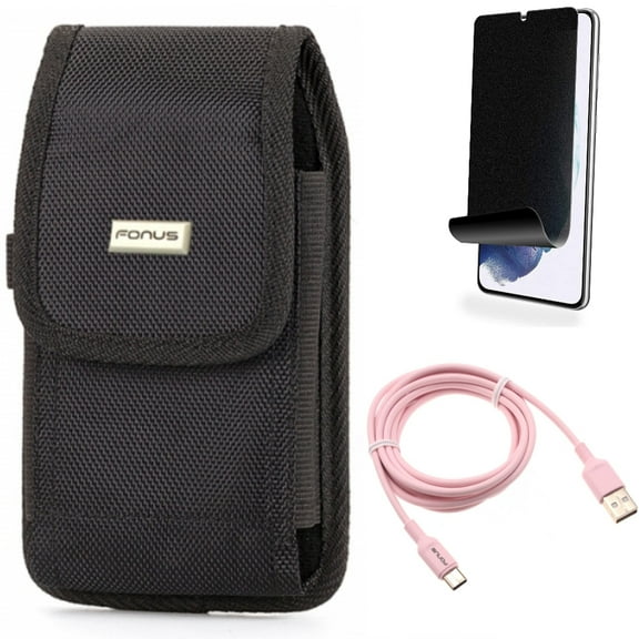 For Samsung Galaxy S21 (6.2") - [Fingerprint Works] TPU Film Privacy Screen Protector   Charger Cord Pink 6ft USB-C Cable   Holster Swivel Case Belt Clip