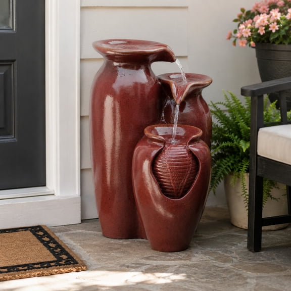 Teamson Home 20.47 in. 3-Tier Cascading Jar Outdoor Water Fountain, Ceramic-Look Weatherproof Polyresin, Adjustable Pump, 1.32-Gal, Red