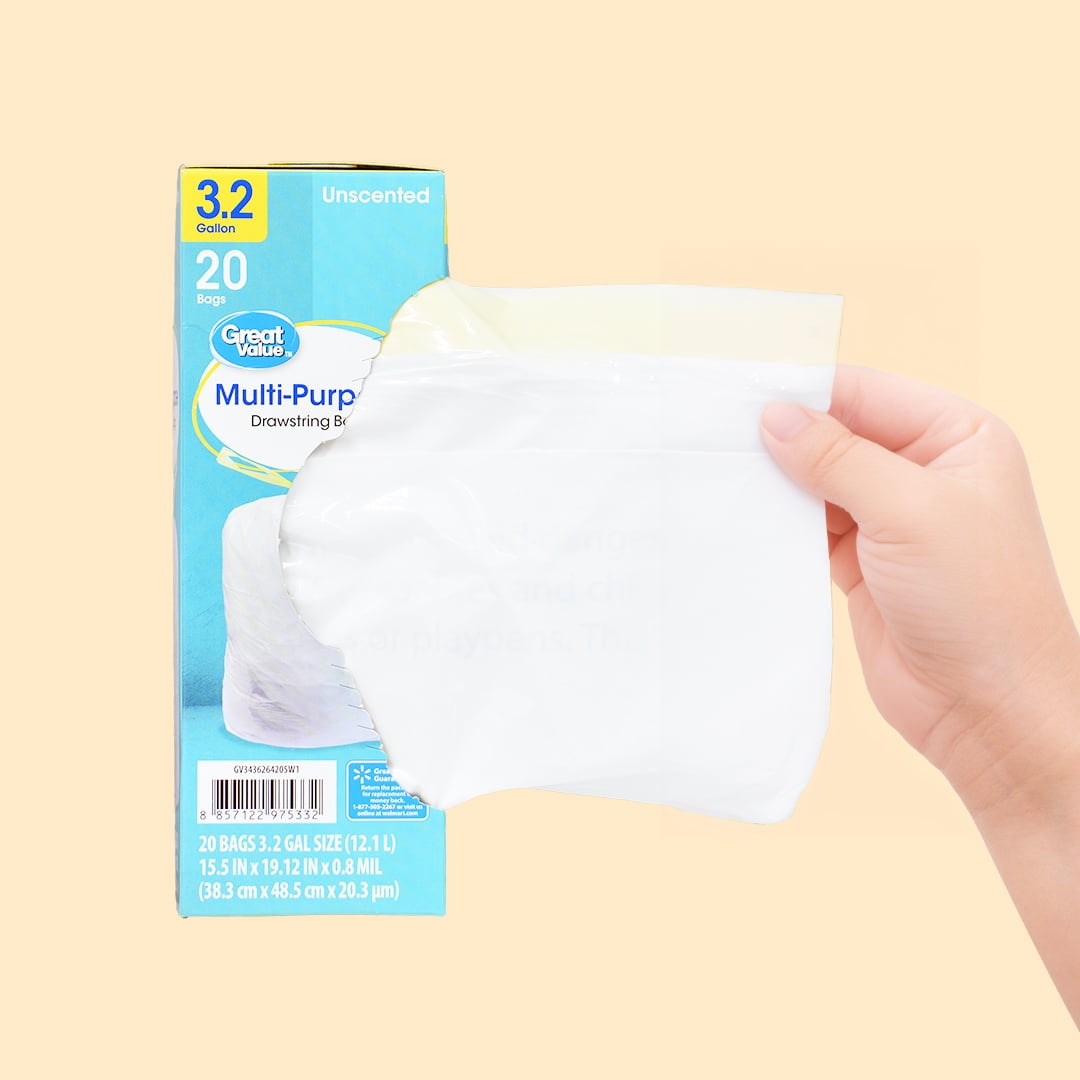 Great Value 3.2 Gallon Small Drawstring Trash Bags, Unscented Garbage Bags, 20 Bags