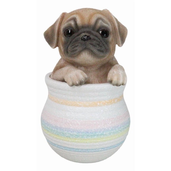 Realistic Puggy Pug Puppy Dog Figurine With Glass Eyes Pup In Pot Collection