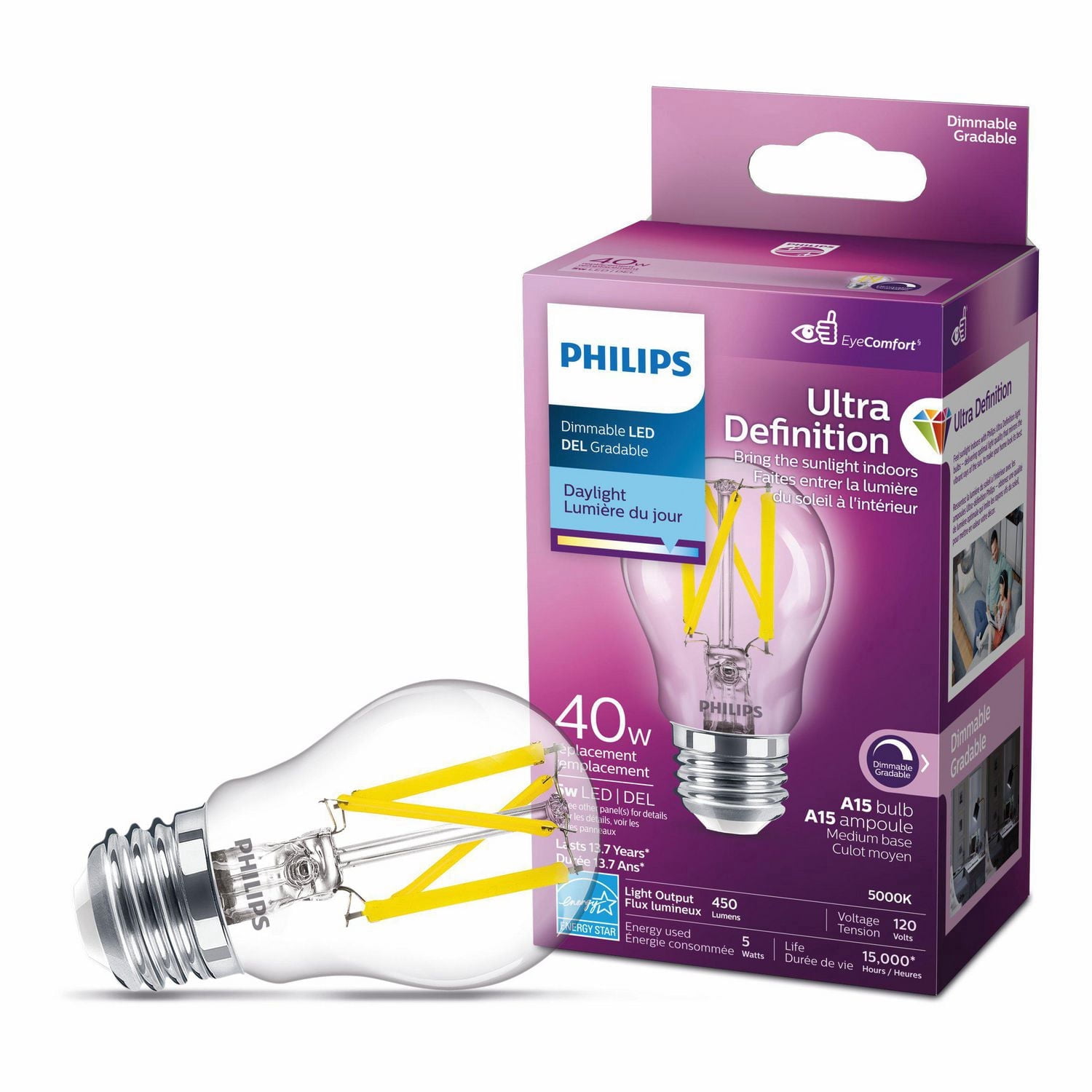 Philips UltraDefinition LED A15 E26 40W ampoule à économie d'énergie, dimmable lumière du jour (5000K)