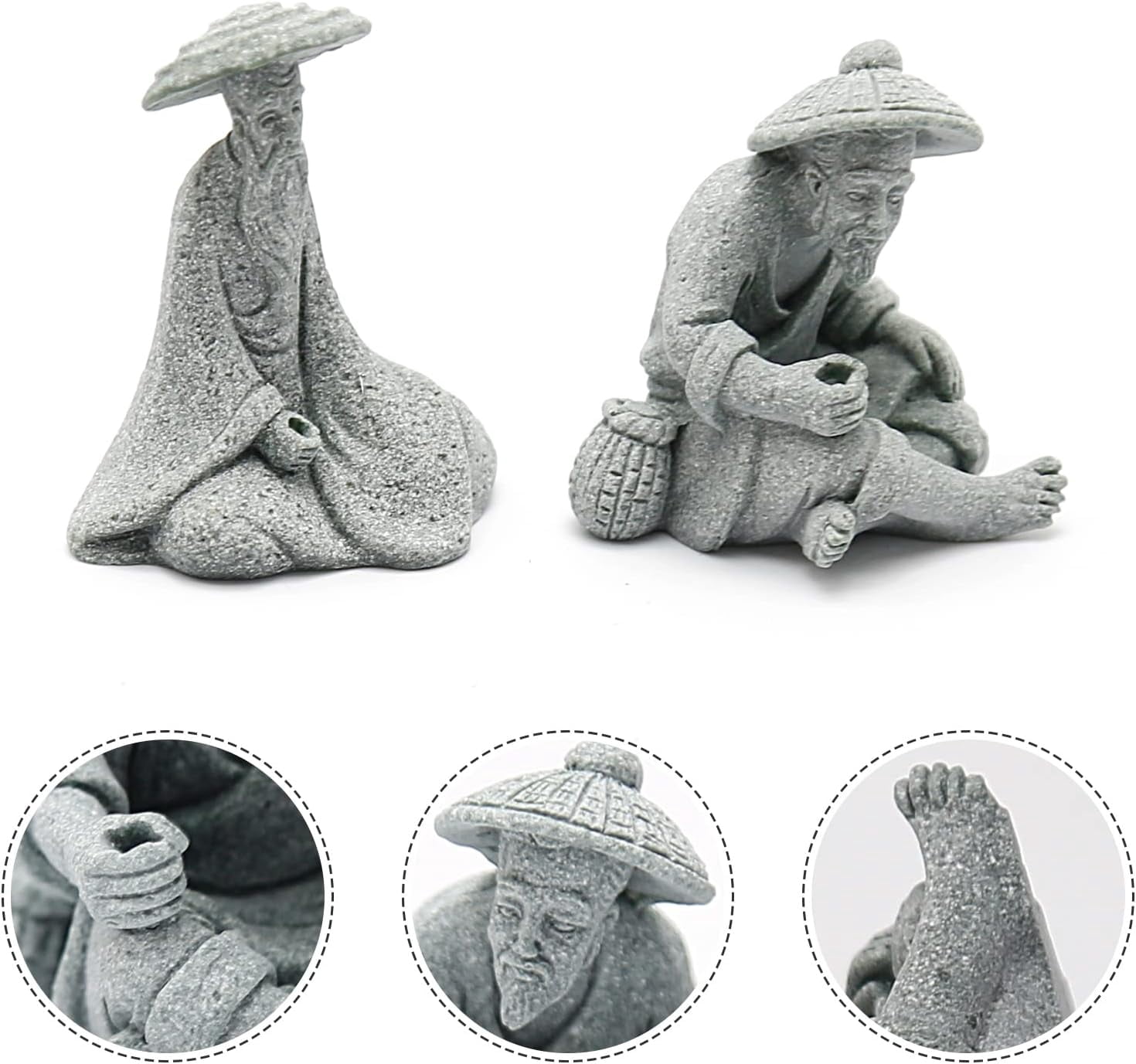 2PCS Mini Sitting Fishing Figurines Sandstone Vintage Ornament Japanese Decor for Fish Tank Pot Garden Home Aquarium Mini Fisherman Statue Asian Zen Decorations