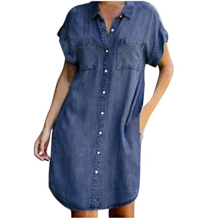 

Women s Lapel V-Neck Buttons Down Denim Dress Dressy Short Sleeve Shirt Dresses Loose Fit Workout Midi Dress with Pocket