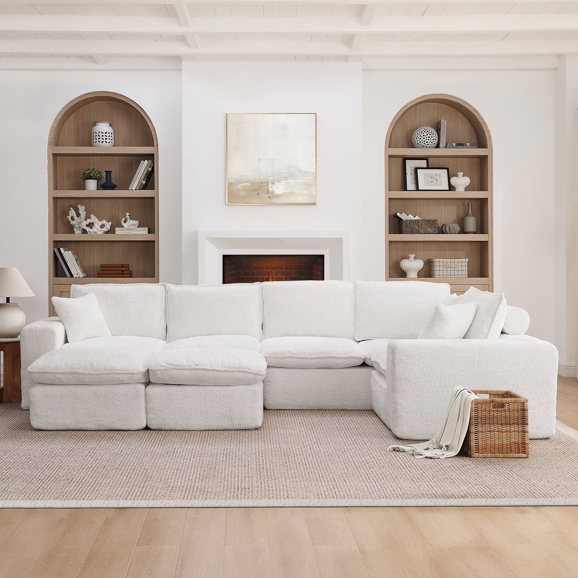 107" L Shaped Sectional Sofa 7 Seat Cloud Couch Boucle Fabric Modular Sofa with Ottoman Deep Seat Comfy Couch for Living Room, Beige