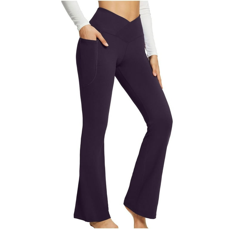 SKSloeg Brown Leggings for Women Flare Leggings High Waisted V Crossover Bootcut Bell Bottoms Tummy Control Y2k Yoga Pants with Pockets Dark Purple XXL Walmart