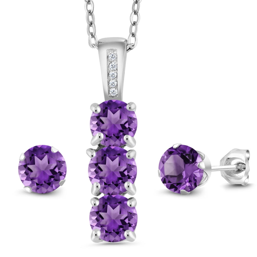 Gem Stone King 925 Sterling Silver Purple Amethyst and White Diamond Pendant and Earrings Jewelry Set for Women (2.29 Cttw, Gemstone February Birthstone, with 18 inch Chain)