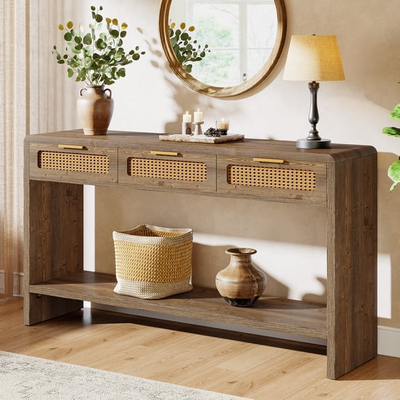 Finmind Entryway Console Table, 55-inch Farmhouse Narrow Sofa Table with 3 Rattan Drawers and Storage Shelf for Living Room, Entrance, Hallway, Foyer, Brown