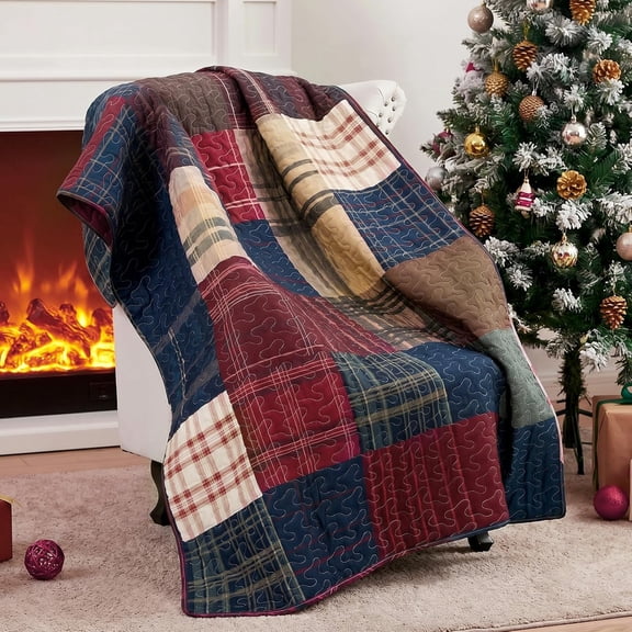 Christmas Quilted Throw Blanket Patchwork, 100% Polyester Checkered Cozy Blankets for Home Sofa Couch Bed Home Decor, 59.06x39.37 Inch