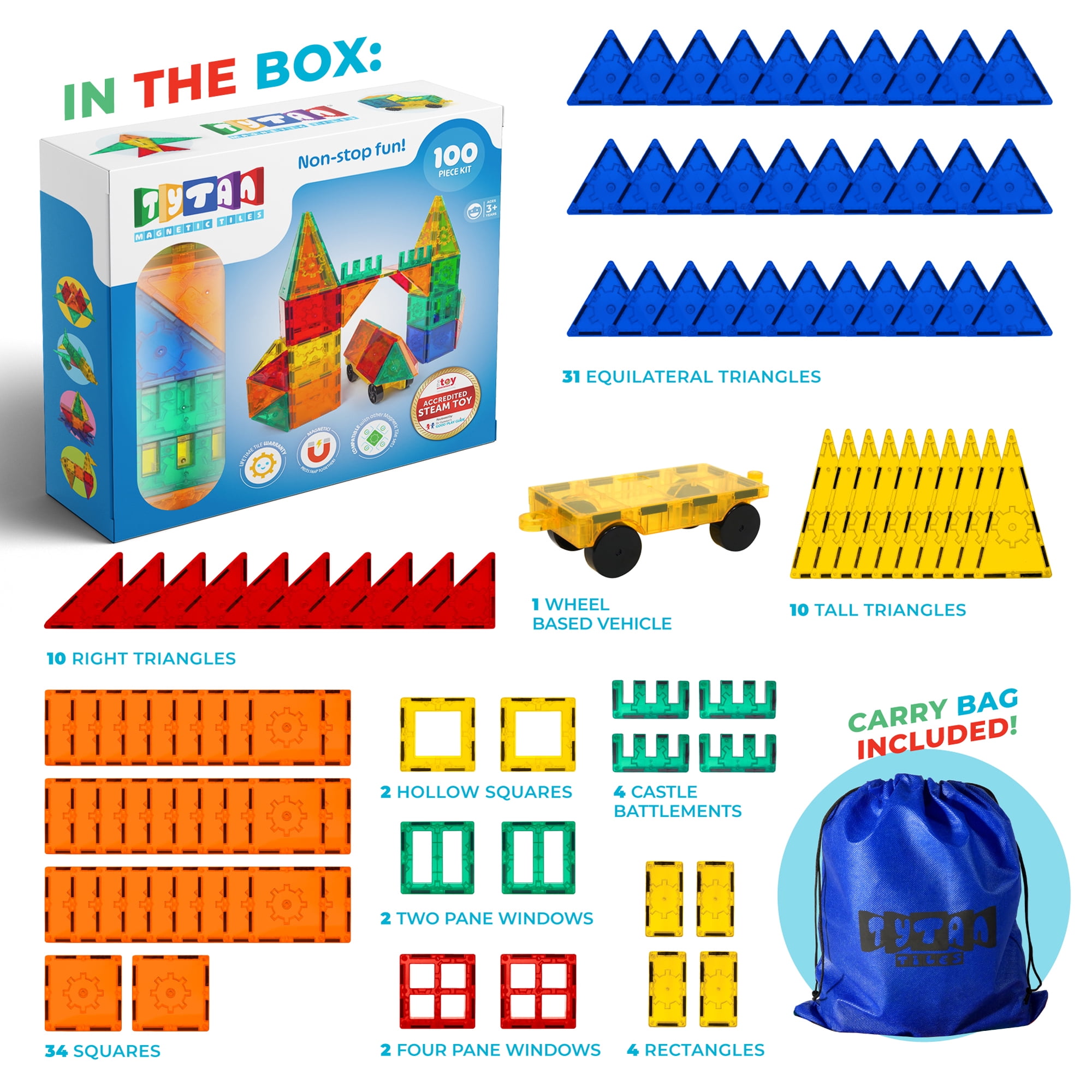 Tytan Magnetic Tile Building Set - 100-Piece STEAM Toy for Kids Ages 3 ...