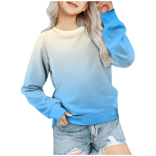 MIASHUI Girls Sweatshirt Tops Gradient Printed Crewneck Casual Pullovers,Light Blue,10-11 Years